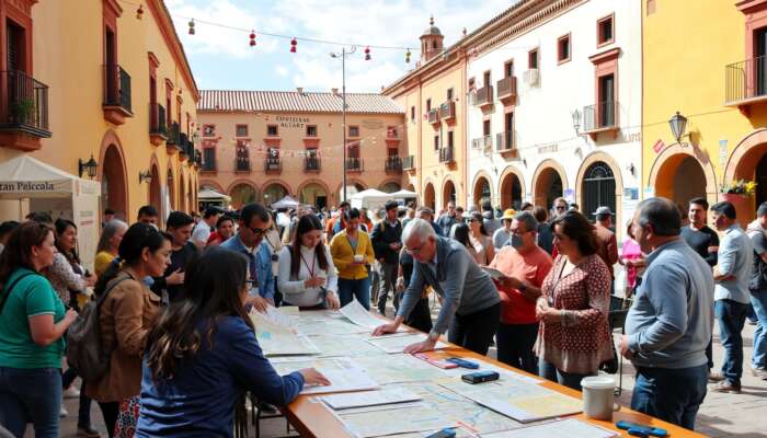 Volunteers, officials, and organisers collaborating around a table with maps and decorations in San Miguel de Allende's vibrant plaza.