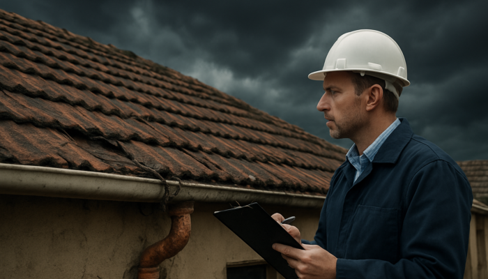 Professional inspector assessing a cracked roof and exposed wires on an old South African home in Springs under a stormy sky.