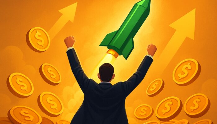 Triumphant trader observes a massive green candlestick surge among golden coins and upward arrows for the largest winning trade