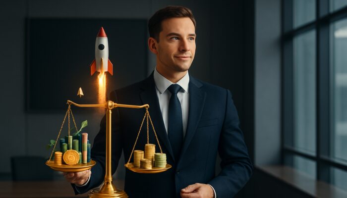 Confident trader balancing golden scale with soaring rocket and diverse assets in a sleek office