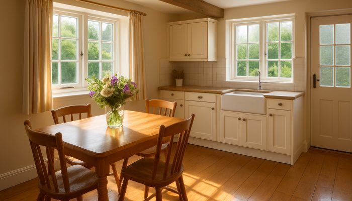 Spotless Yeovil cottage kitchen gleaming after professional cleaning, featuring fresh flowers on the table