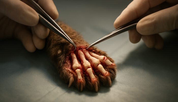 Close-up of a cat's paw mid-declawing surgery showing distal phalanx bones and surgical tools