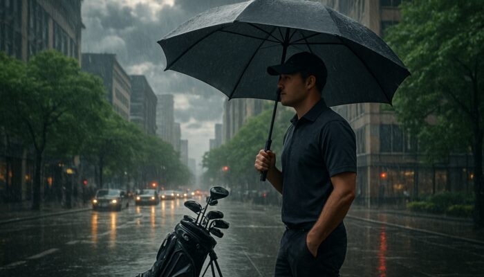 Golfer protected by a compact golf umbrella on a rainy city street with a golf bag nearby.