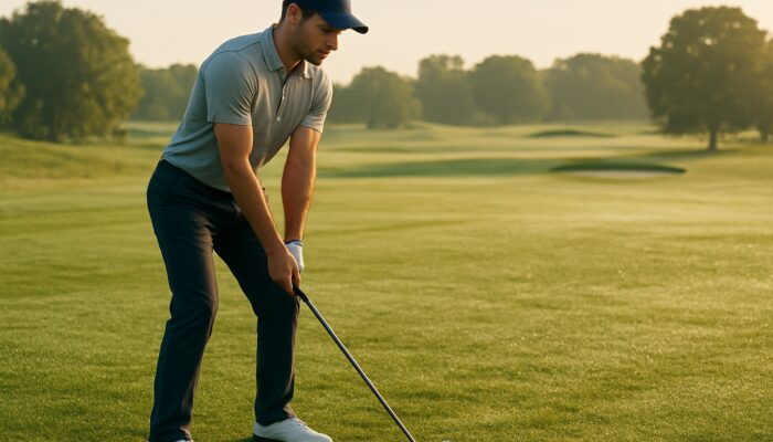 Focused golfer gripping club on sunlit local fairway, showing mental toughness and quiet confidence