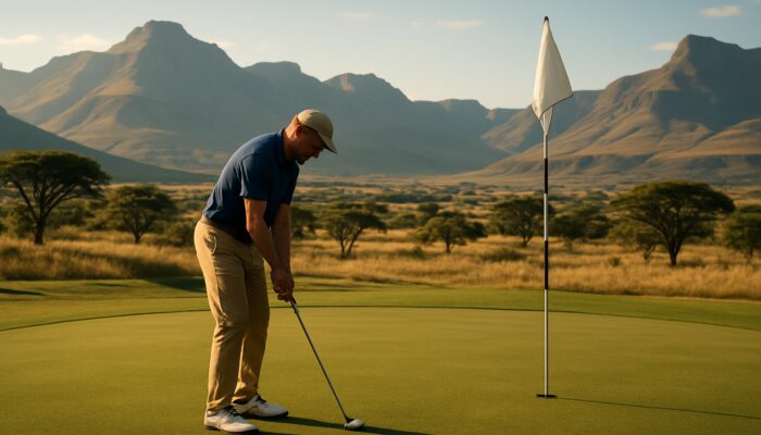 Serene golfer sinks putt on scenic South African course with mountains and savanna.
