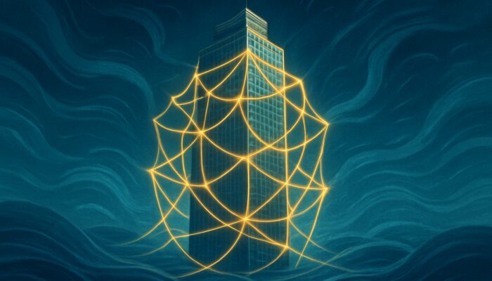 Corporate tower wrapped in glowing regulatory webs amid swirling markets, symbolising transparency and investor trust.
