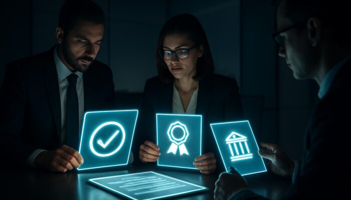 Corporate auditors verifying compliance with regulatory documents and governance frameworks