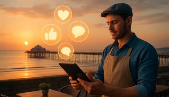 Café owner checks glowing social media metrics on tablet above Weston-super-Mare pier at sunset
