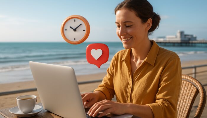 Small business owner scheduling social media posts on laptop at Weston-super-Mare seaside café