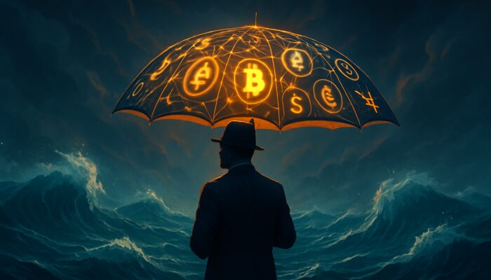 Trader shielded by glowing umbrella of trading pairs amid turbulent waves, symbolising diversification.
