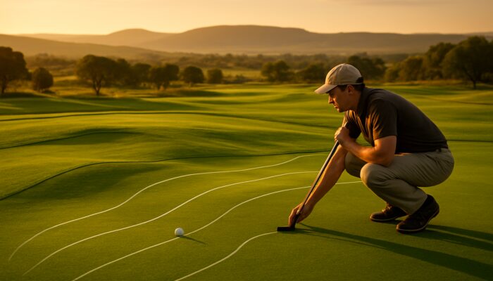 Golfer analysing slopes on vibrant South African Highveld putting green with visualized ball path