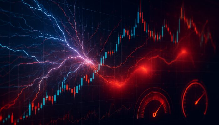 Futuristic Monte Carlo simulation trading interface with stock charts and glowing red risk zones