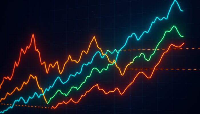 3D Monte Carlo trading paths with colorful volatile trajectories and marked stop-loss levels on dark interface
