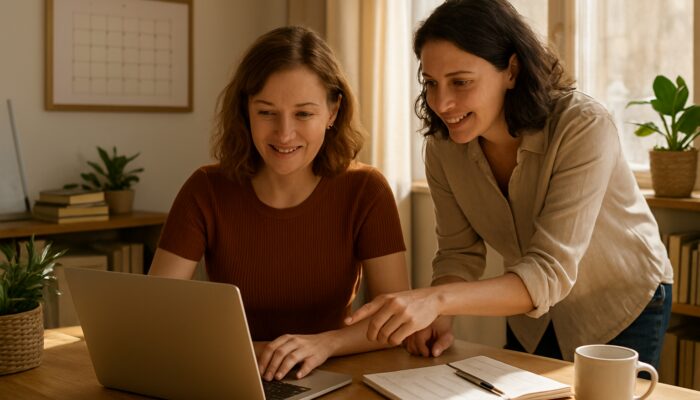 Lydney business owner planning blog posts on a laptop with local expert in a sunlit office