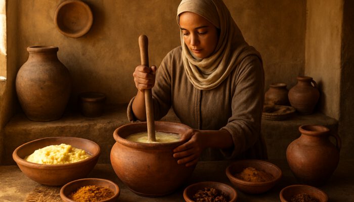Woman churning aged Moroccan smen butter with clay pots and wooden tools in rustic kitchen