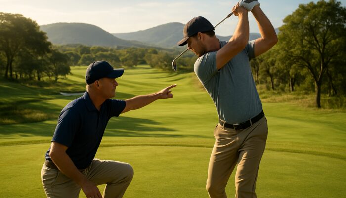 Professional golf instructor coaching mid-swing on Sabie Country Club's sunlit fairway amid rolling hills.