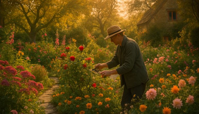 Gardener pruning roses in a lush Martock cottage garden at golden hour with stone paths.