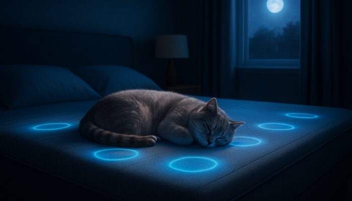 Calm pet sleeping on an advanced smart bed with sensors in a softly lit bedroom