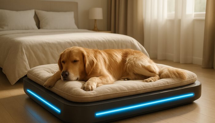 Golden retriever relaxing on a sleek temperature-controlled pet bed with cooling panels in a stylish bedroom