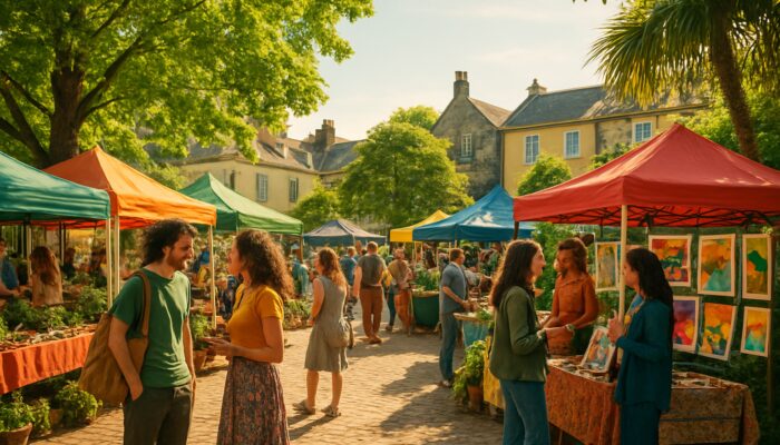 Vibrant Totnes market square with eco-conscious locals at colorful sustainable stalls and event posters.