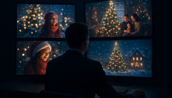 Strategist analysing competitors' festive holiday video campaigns and performance metrics on illuminated screens in a dimly lit room.