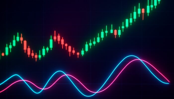 Interactive trading interface showcasing Trix indicator crossovers, divergences, and ascending price candles within a vibrant environment.