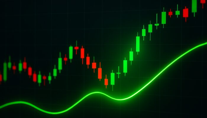 Trading chart illustrating the green Trix line crossing above zero amid candlestick patterns indicating a bullish buy signal