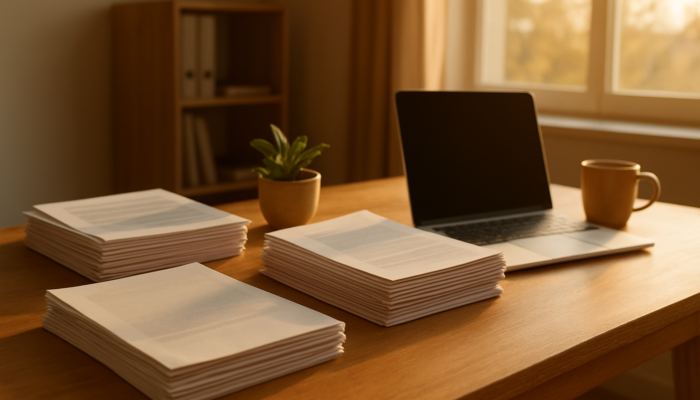 Organised desk in Beaufort West office showcasing stacked loan documents such as bank statements under warm sunlight.