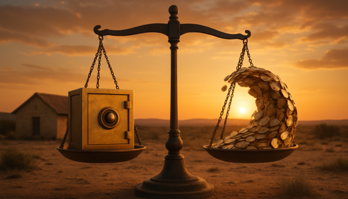 Rustic Beaufort West home: secure for fixed rates, wave of coins for variable rates, under balancing scale at sunset.