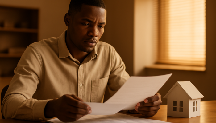 Determined South African applicant reviewing payslips and contracts for home loan at a bank.