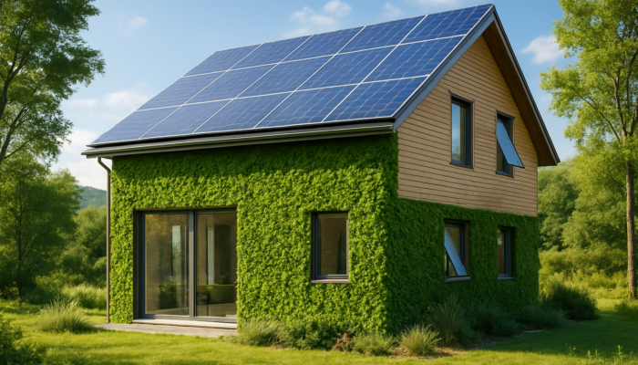 Modern eco-friendly house featuring solar panels, green walls, and smart windows in a tranquil setting.