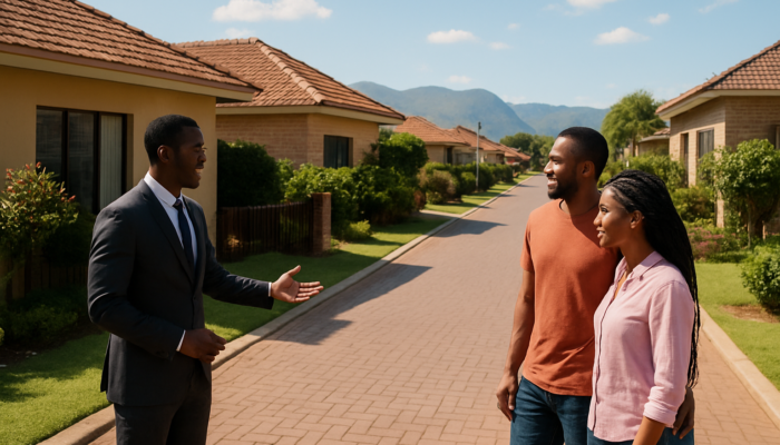 Couple examining modern homes on a lively Thohoyandou street with a real estate agent under a sunny sky.