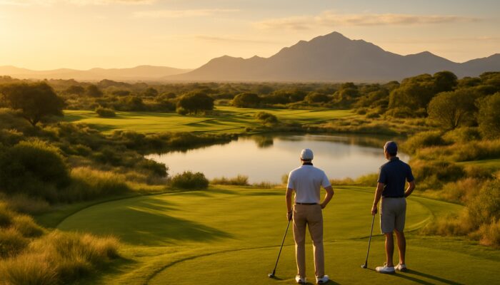 Golfers on lush South African resort course with pristine fairways and mountain views in golden light