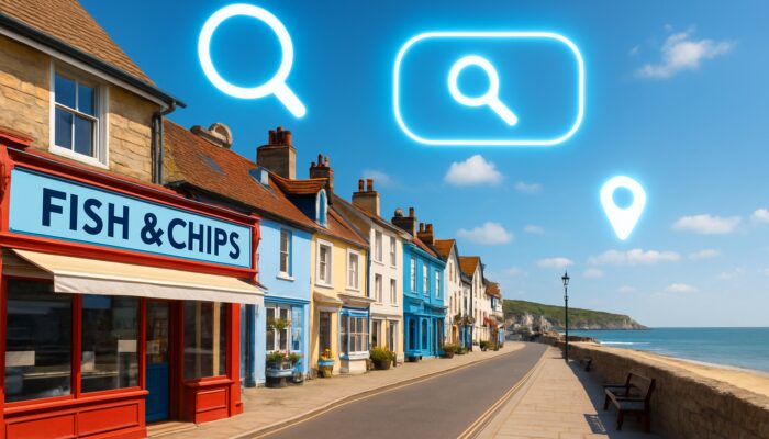 Vibrant Swanage promenade showcasing fish and chip shops along with prominent location keywords