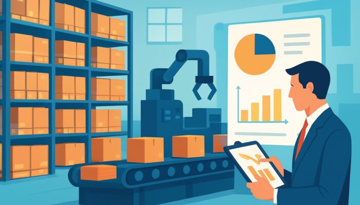 Modern warehouse with organised inventory shelves, efficient lines, and a manager reviewing cost-saving charts.