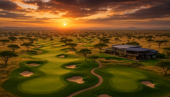 Aerial view of the upgraded Serengeti Jack Nicklaus golf course winding through the African savanna at sunset.