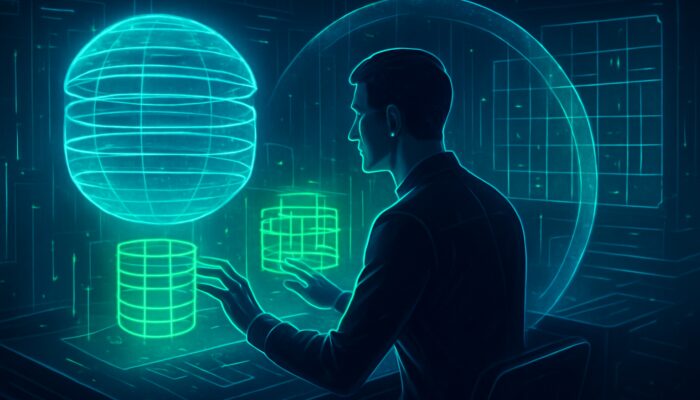 Database expert manipulating holographic data models and queries in a cybernetic control room with blue-green digital shields.