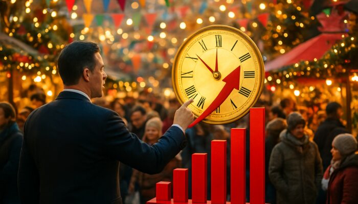 Marketer launching holiday promotion with a golden clock, festive crowds, and rising sales charts