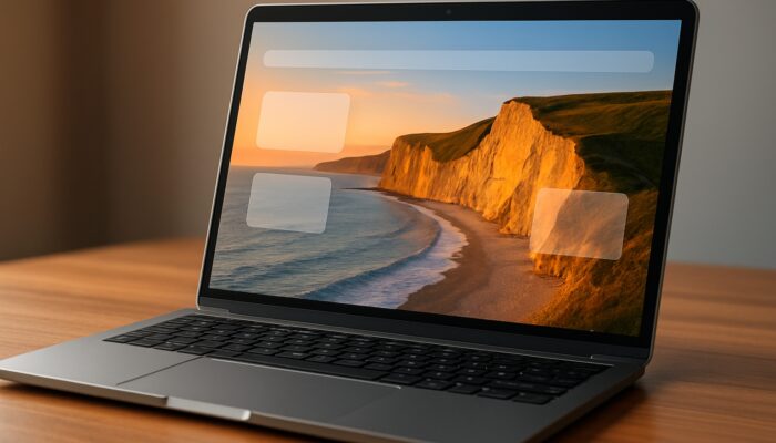 Laptop showing a Bridport shop website with optimised images and alt text labels over sunset cliffs in Dorset.